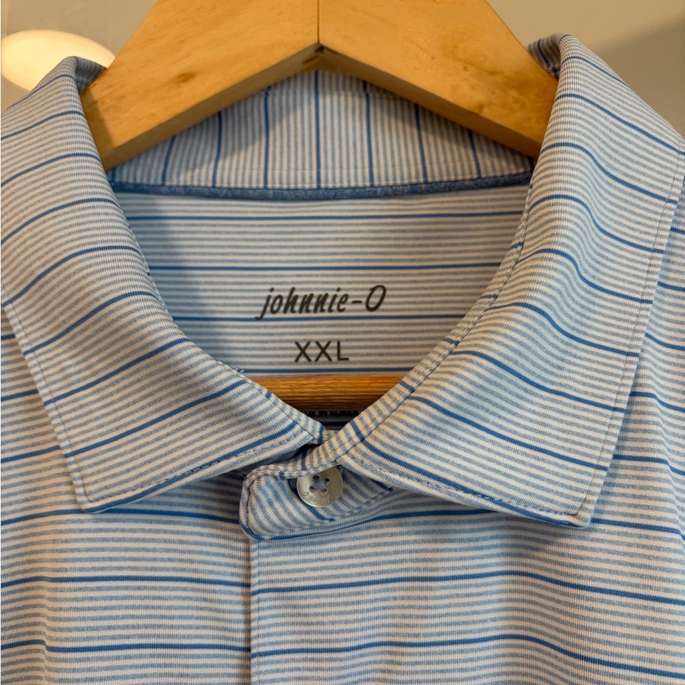 johnnie-O Light Blue and White Striped golf Shirt XXL